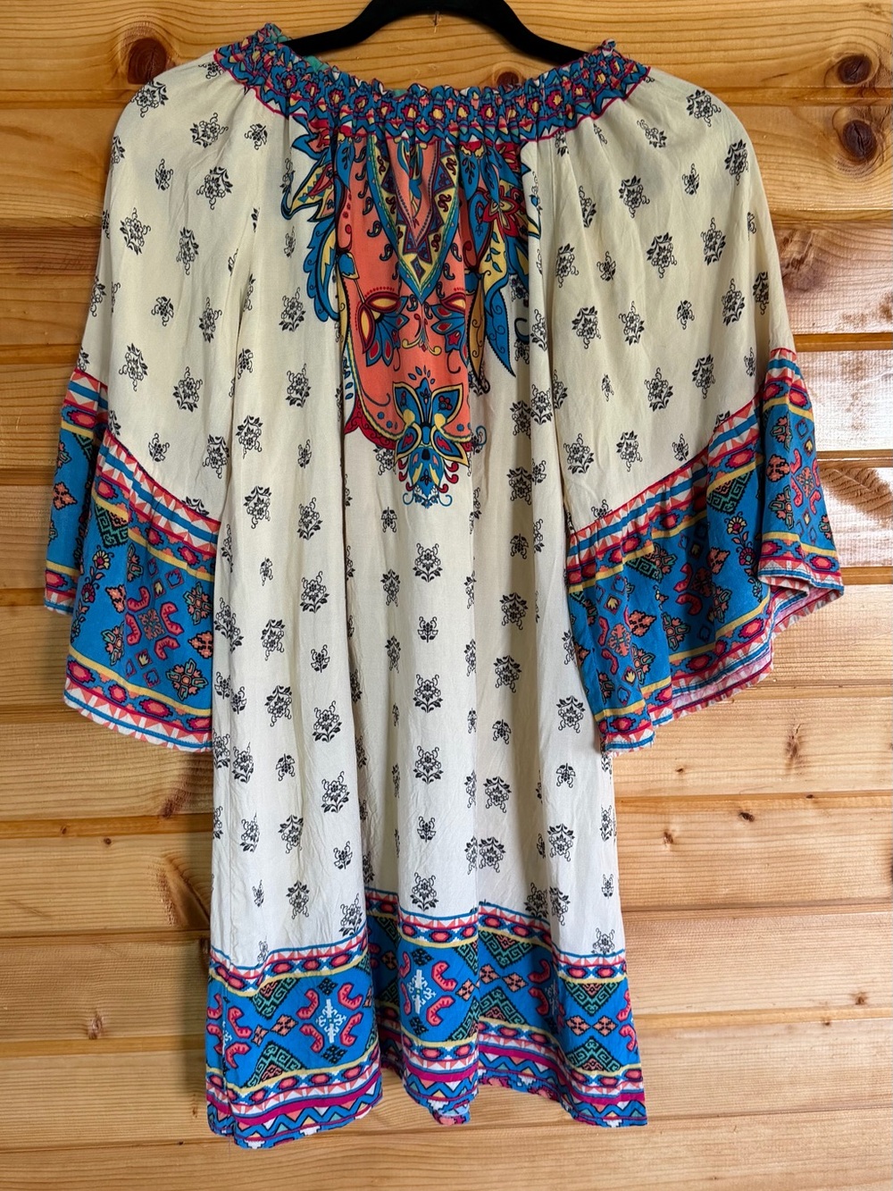 Flying Tomato Boho Peasant Tunic/Mini Dress in Cream, Blue & Coral Size Medium